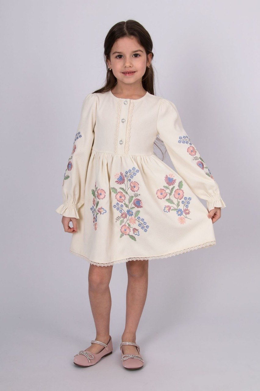 Вишиванка сукня мікровельвет  для дівчинки молочний Mevis 5762-01