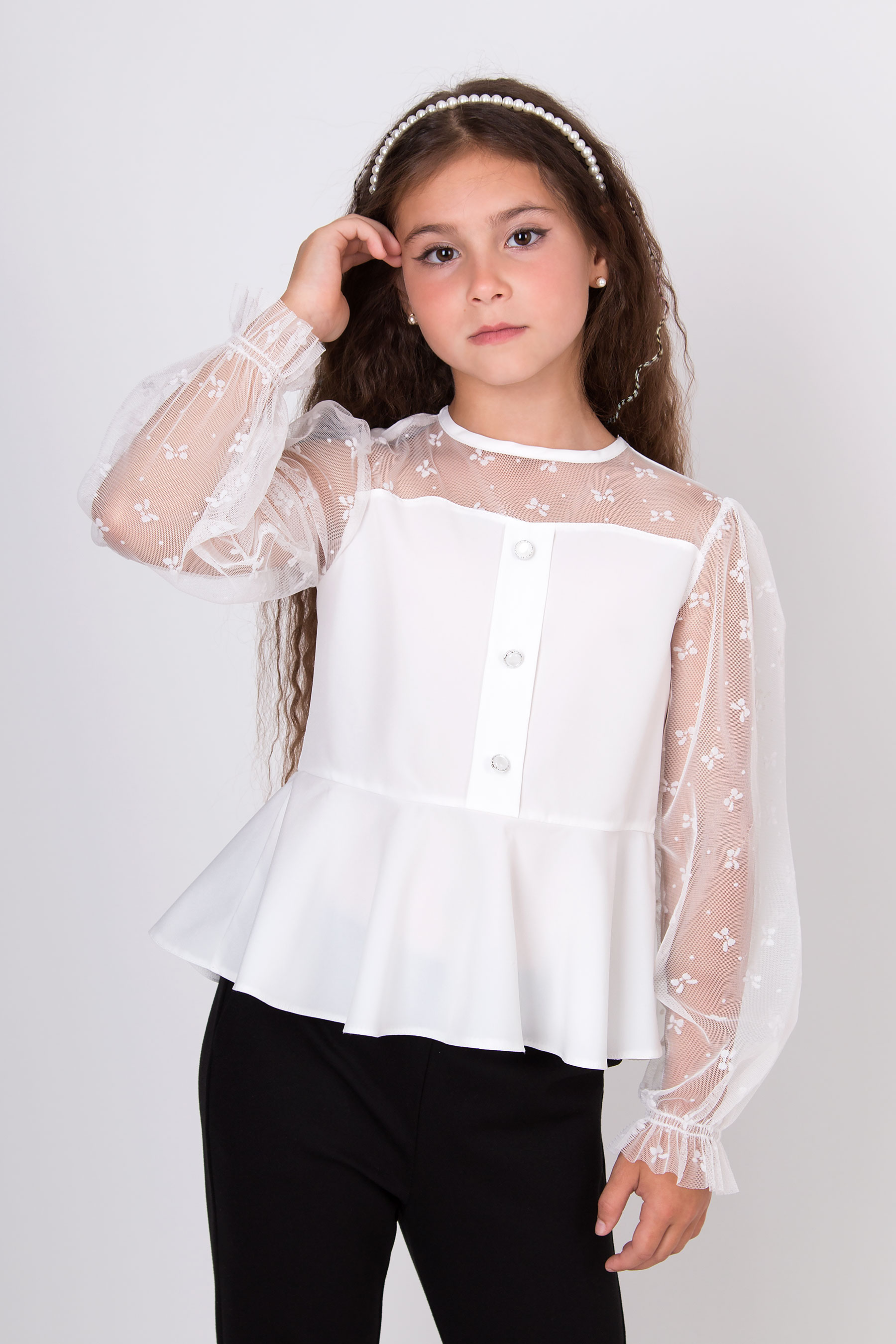 Блуза з баскою для дівчинки молочний Mevis 5621-02