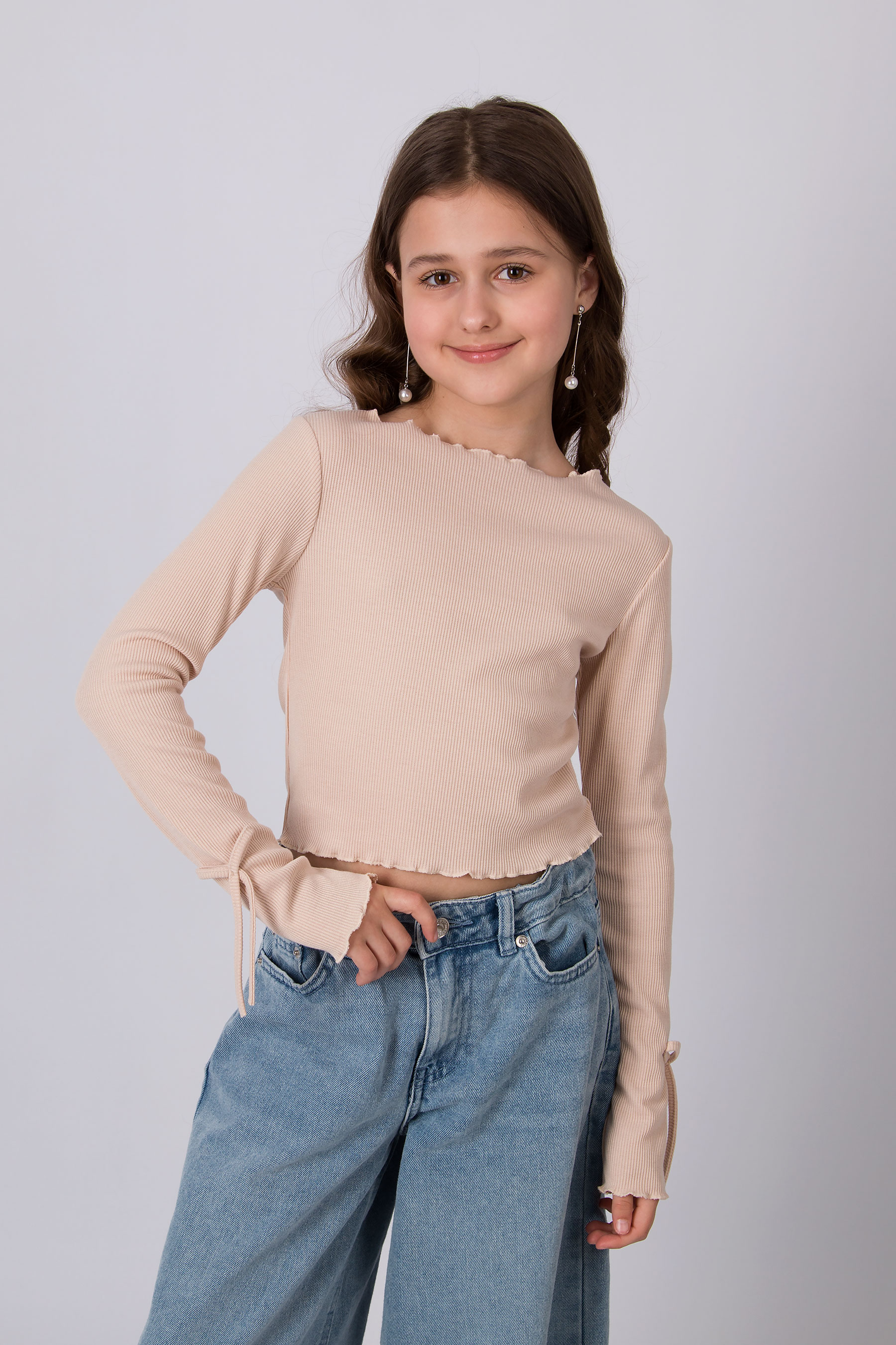 Лонгслів рубчик для дівчинки бежевий Mevis 5837-03