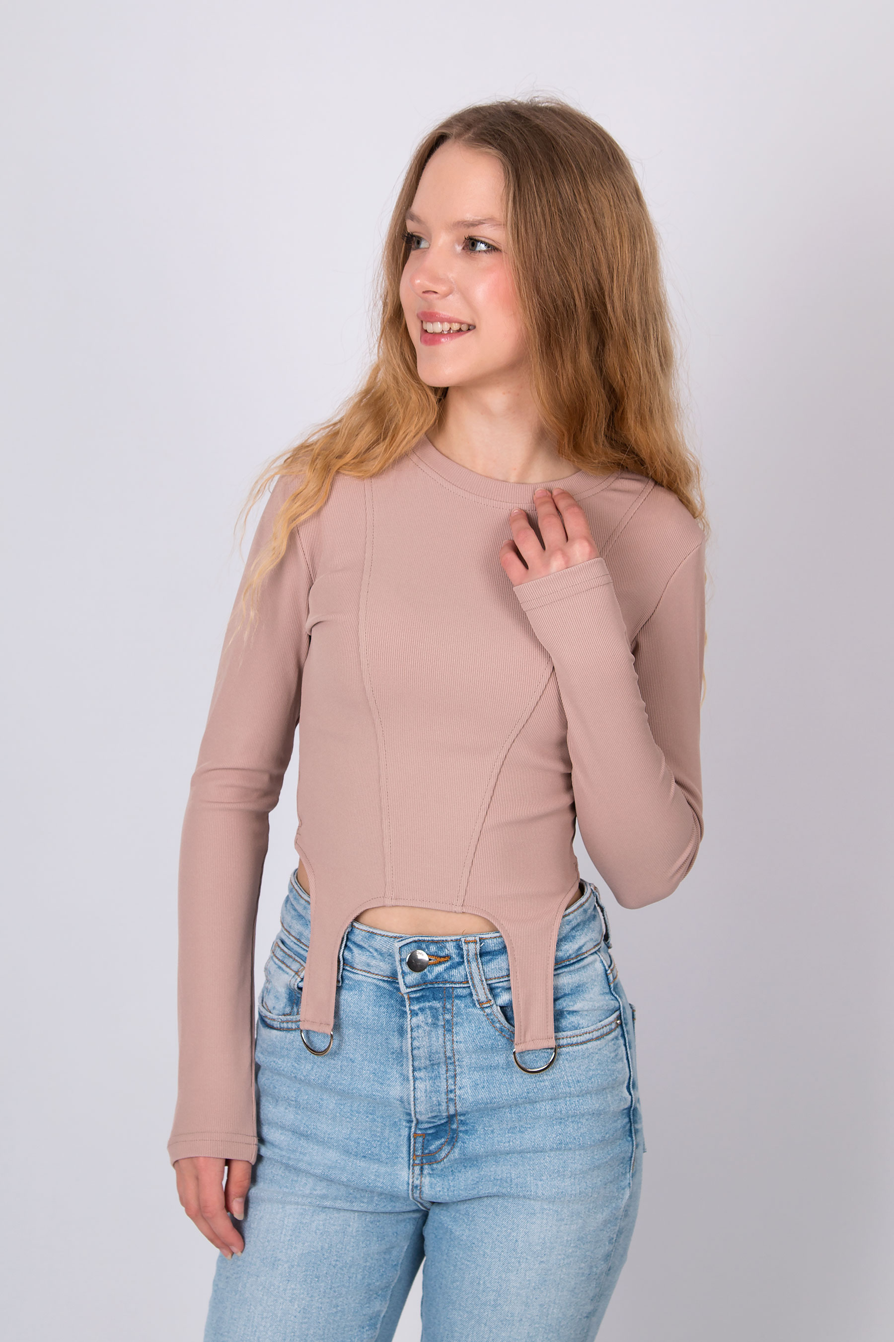 Лонгслів рубчик для дівчинки бежевий Mevis 5852-02
